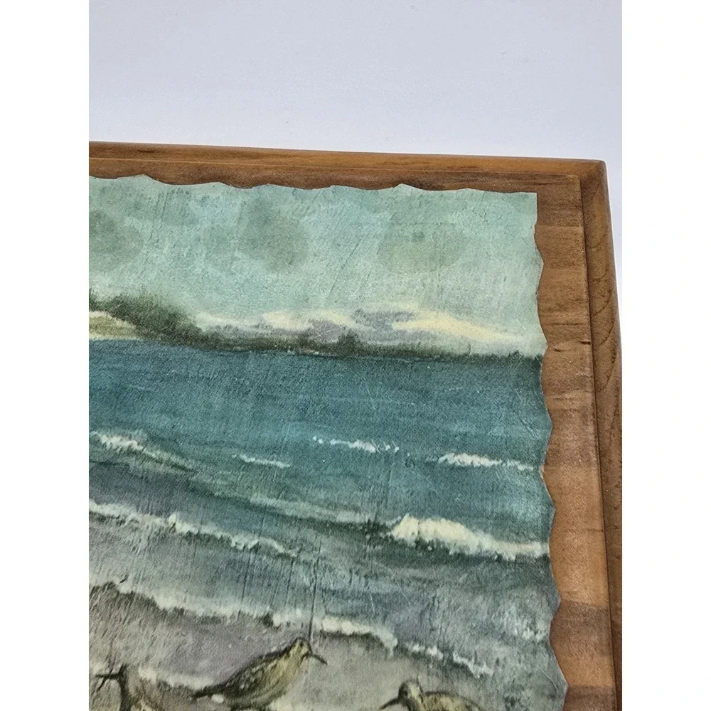 Vintage Mid‎ Century Ocean Beach Wooden Trinket Jewelry Box Seagulls Divided